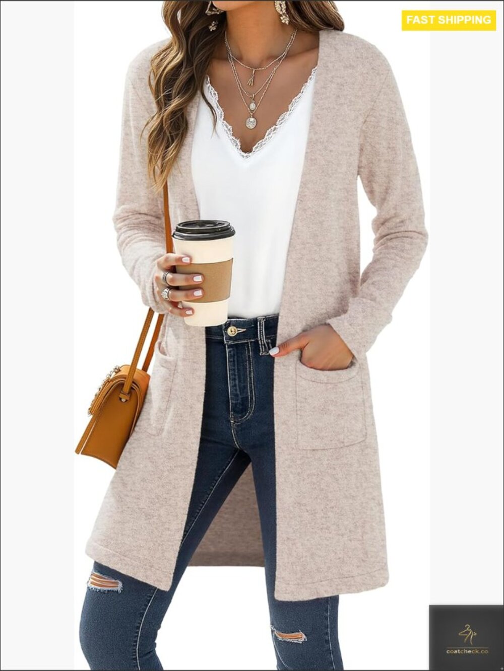 Long Open Front Cardigan Knitted Sweater with Pockets Casual